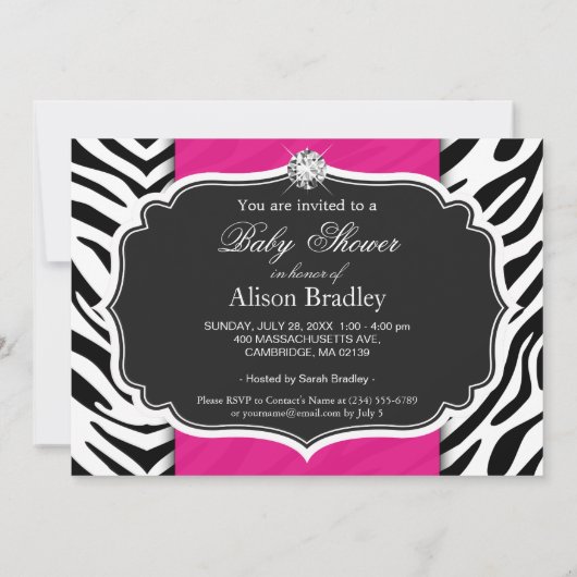 Girl Baby Shower - Elegantes Zebra Print Hot Pink Einladung (Rückseite)