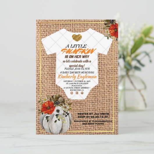 Girl Baby Shower Fall Pumpkin Rustic Burlap Wood Einladung (Stehend Vorderseite)