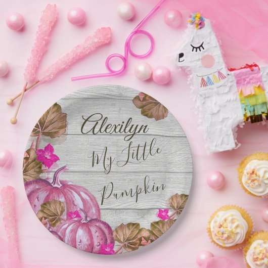 Girl Baby Shower Grau Wood Autumn Pink Pumpkin Pappteller (Party)