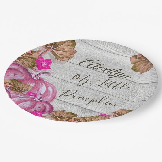 Girl Baby Shower Grau Wood Autumn Pink Pumpkin Pappteller (Schrägansicht)