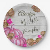 Girl Baby Shower Grau Wood Autumn Pink Pumpkin Pappteller (Vorderseite)