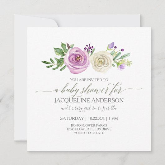 Girl Baby Shower Lilac n White Roses Leaf Foliage Einladung (Vorderseite)