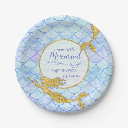 Girl Baby Shower Mermaids Gold Glitter Fish Scale Pappteller (Vorderseite)