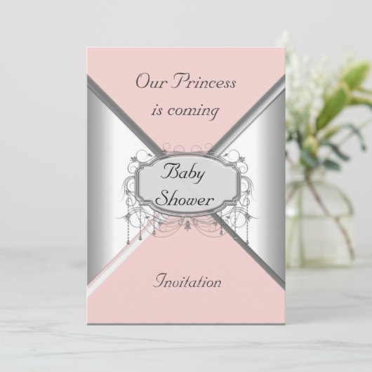Girl Baby Shower Party Rosa Silver Einladung (Stehend Vorderseite)
