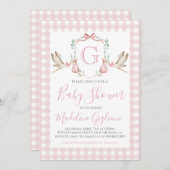 Girl Baby Shower Pink Gingham Stork Monogram Einladung (Vorne/Hinten)
