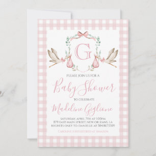 Girl Baby Shower Pink Gingham Stork Monogram Einladung
