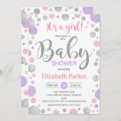 Girl Baby Shower - Pink Lila Silberpunkte Einladung (Vorne/Hinten)