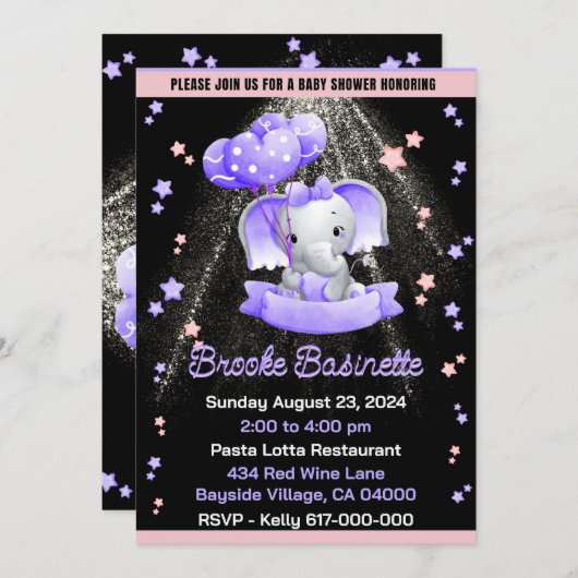Girl Baby Shower Pink Lila Silver Baby Elephant Einladung (Vorne/Hinten)