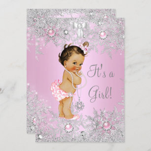 Girl Baby Shower Pink Winter WonderLand Brünett Einladung