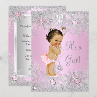 Girl Baby Shower Pink Winter WonderLand Brünett Einladung
