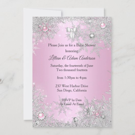 Girl Baby Shower Pink Winter WonderLand Einladung (Rückseite)