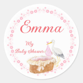 Girl Baby Shower Stickers: Charming Floral Border  Runder Aufkleber