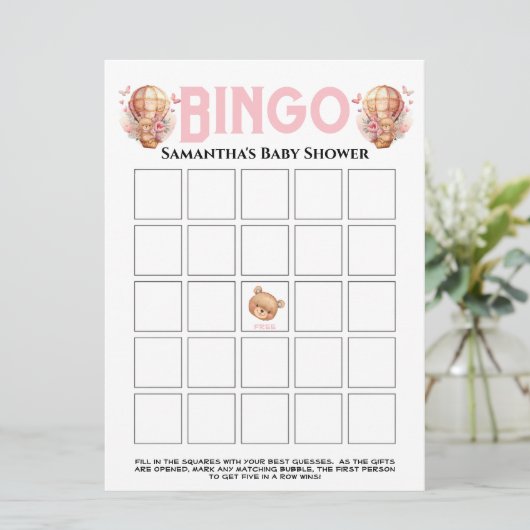 Girl Baby Shower Teddy Balloon Pink Bingo Einladung (Stehend Vorderseite)