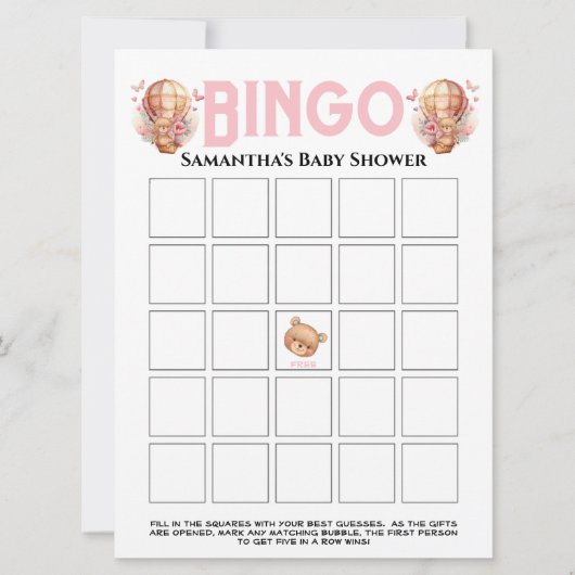 Girl Baby Shower Teddy Balloon Pink Bingo Einladung (Vorderseite)