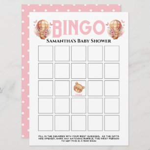 Girl Baby Shower Teddy Balloon Pink Bingo Einladung