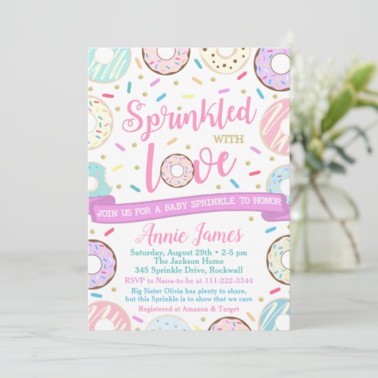 Girl Baby Sprinkle Einladung Donut Baby Sprinkle (Stehend Vorderseite)