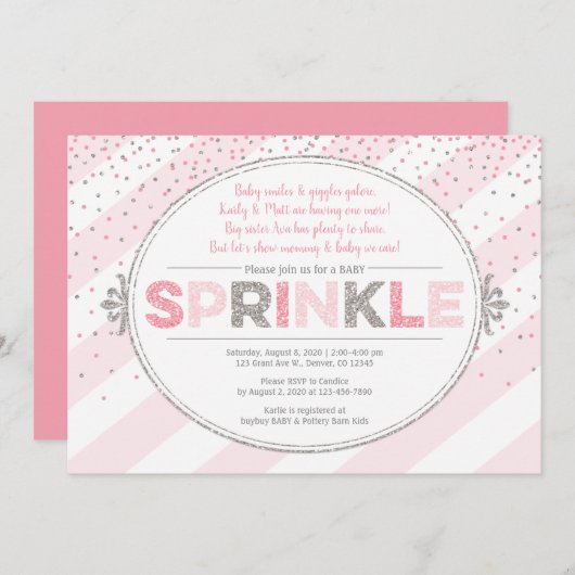 Girl baby sprinkle Einladung pink Silber einladen (Vorne/Hinten)