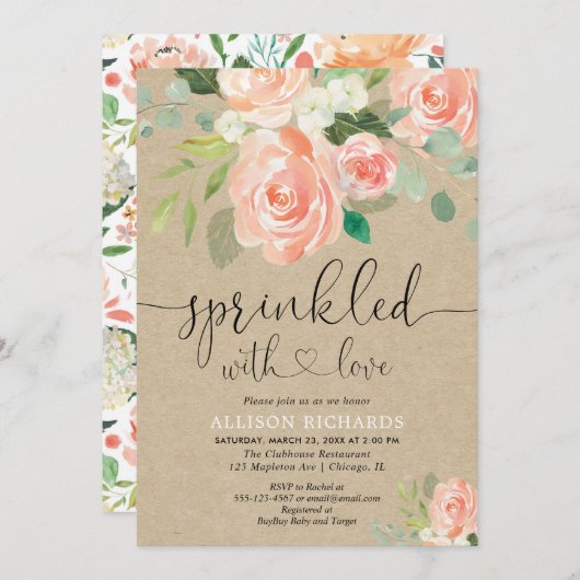 Girl baby sprinkle peach floral rustic einladung (Vorne/Hinten)