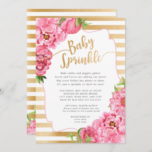 Girl Baby Sprinkle | Rosa Goldpeonie Einladung (Vorne/Hinten)