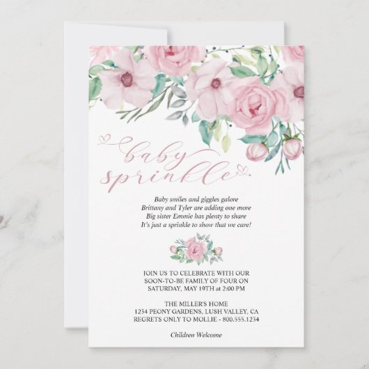 Girl Baby Sprinkle Watercolor Blumenpeony Bouquet Einladung (Vorderseite)