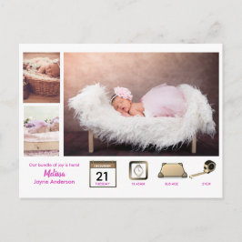 Girl BABY STATS Foto Collage Modern Pink Postkarte