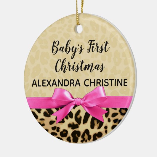 Girl Babys Erster Weihnachtsleopard Pink Bow Jahr Keramik Ornament (Links)