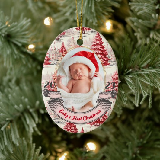 Girl Baby's First Christmas Tree Pink & Red Foto Keramik Ornament (Baum)