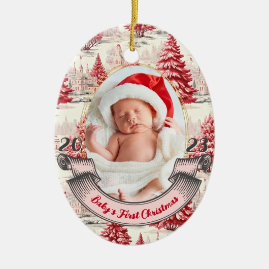 Girl Baby's First Christmas Tree Pink & Red Foto Keramik Ornament (Vorne)