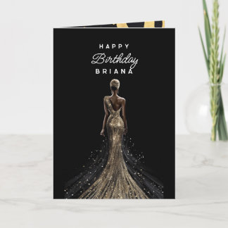 Girl back glitzerndes goldenes Abend Kleid Geburts Karte