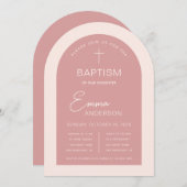 Girl Baptisk Pink Arch Moderne Script Dusty Rose Einladung (Vorne/Hinten)