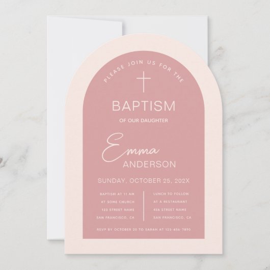 Girl Baptisk Pink Arch Moderne Script Dusty Rose Einladung (Vorderseite)