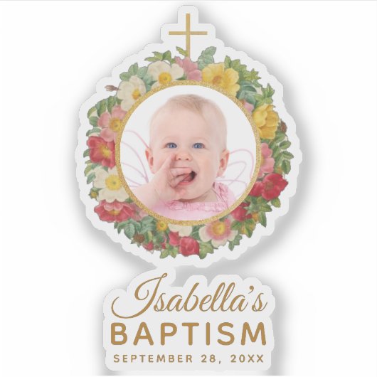 Girl Baptism Baby Foto Rose Wreath Cross Script Aufkleber (Vorderseite)