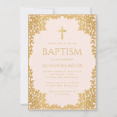 Girl Baptism Blush Pink Imitats Gold Blätter Relig Einladung (Vorderseite)