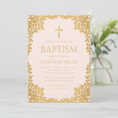 Girl Baptism Blush Pink Imitats Gold Blätter Relig Einladung (Stehend Vorderseite)