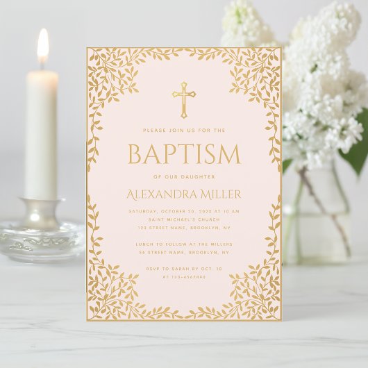 Girl Baptism Blush Pink Imitats Gold Blätter Relig Einladung