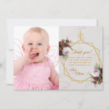 Girl Baptism Burgundy Peonies Gold Cross Marmor
