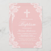 Girl Baptism Elegantes, rosafarbenes Foto Einladung (Vorne/Hinten)