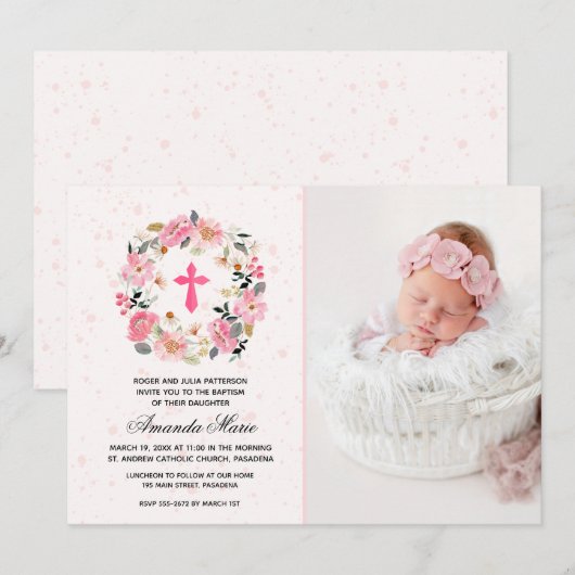 Girl Baptism Watercolor Pink Floral Invitations Einladung (Vorne/Hinten)