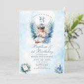 Girl Baptisse & 1. Geburtstag Blaues Blumenkreuz Einladung (Stehend Vorderseite)