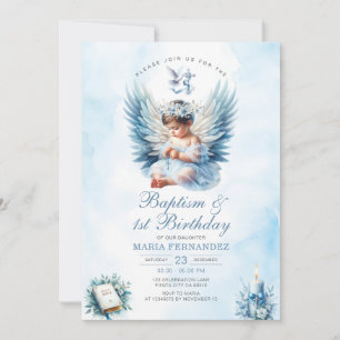 Girl Baptisse & 1. Geburtstag Blaues Blumenkreuz Einladung