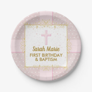 Girl Baptisse 1. Geburtstag Pink Gold Text Polka D Pappteller