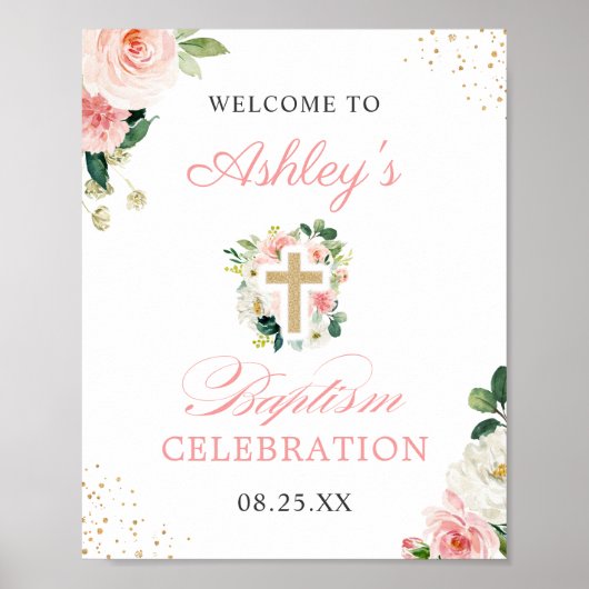 Girl Baptisse Blush Pink Floral Gold Cross Sign Poster (Vorne)