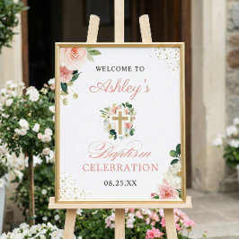 Girl Baptisse Blush Pink Floral Gold Cross Sign Poster