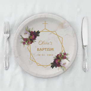 Girl Baptisse Burgundy Peonies Marble Gold Floral Pappteller