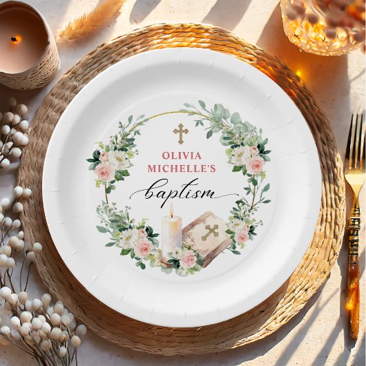 Girl Baptisse Christening Floral Cross Pappteller