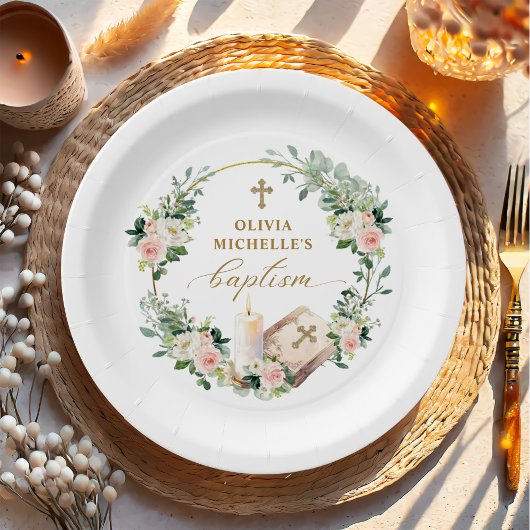 Girl Baptisse Christening Floral Cross Pappteller