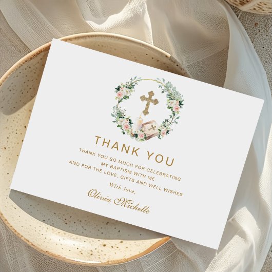 Girl Baptisse Christening Floral Foto Dankeskarte