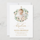 Girl Baptisse Christening Floral Foto Einladung (Vorderseite)