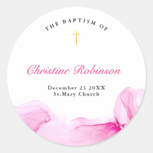 Girl Baptisse Christening Pink Ink Runder Aufkleber
