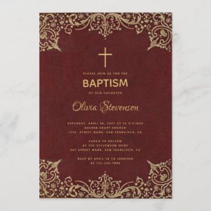 Girl Baptisse Elegantes Burgund Gold Cross Vintag Einladung